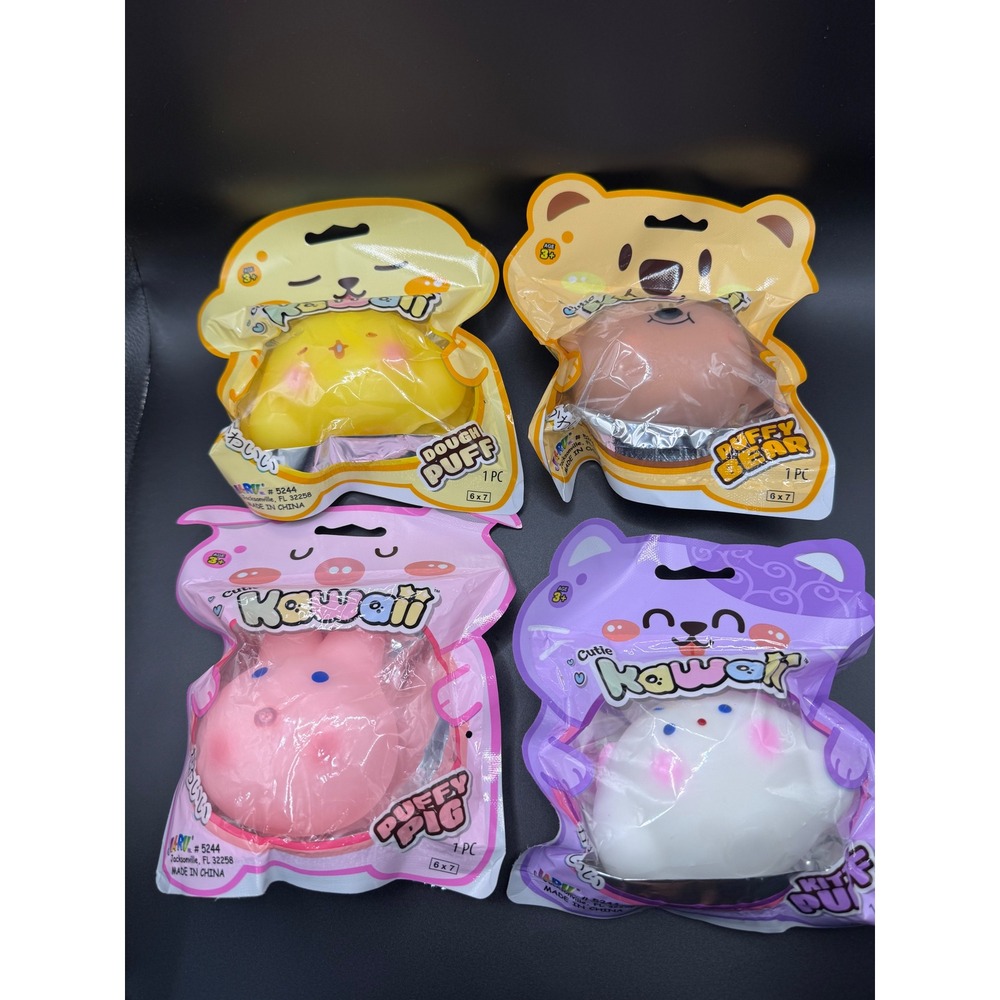 JA-RU Cutie Kawaii Puffy Squishy Toy Lot 4 Pack Pig Bear Kitty Dough Puff New